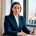 A professional French female translator, in her late 30s, is seated at a well-lit desk in a contemporary, chic office overlooking a subtle Parisian cityscape. She wears a sophisticated, modest business suit. Her expression is thoughtful and focused, a gentle half-smile suggesting a deep understanding of the text she is working on. Her hands are elegantly resting on an open document and a high-quality pen. Books on linguistics and diverse cultures line shelves in the background. The atmosphere is intellectual and calm. fully clothed, appropriate attire, professional dress, safe for work, appropriate content, professional, perfect anatomy, correct proportions, natural pose, well-formed hands, proper finger count, natural body proportions, high-quality, ultra-detailed, professional photography.
