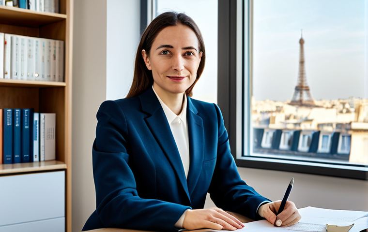 A professional French female translator, in her late 30s, is seated at a well-lit desk in a contemporary, chic office overlooking a subtle Parisian cityscape. She wears a sophisticated, modest business suit. Her expression is thoughtful and focused, a gentle half-smile suggesting a deep understanding of the text she is working on. Her hands are elegantly resting on an open document and a high-quality pen. Books on linguistics and diverse cultures line shelves in the background. The atmosphere is intellectual and calm. fully clothed, appropriate attire, professional dress, safe for work, appropriate content, professional, perfect anatomy, correct proportions, natural pose, well-formed hands, proper finger count, natural body proportions, high-quality, ultra-detailed, professional photography.