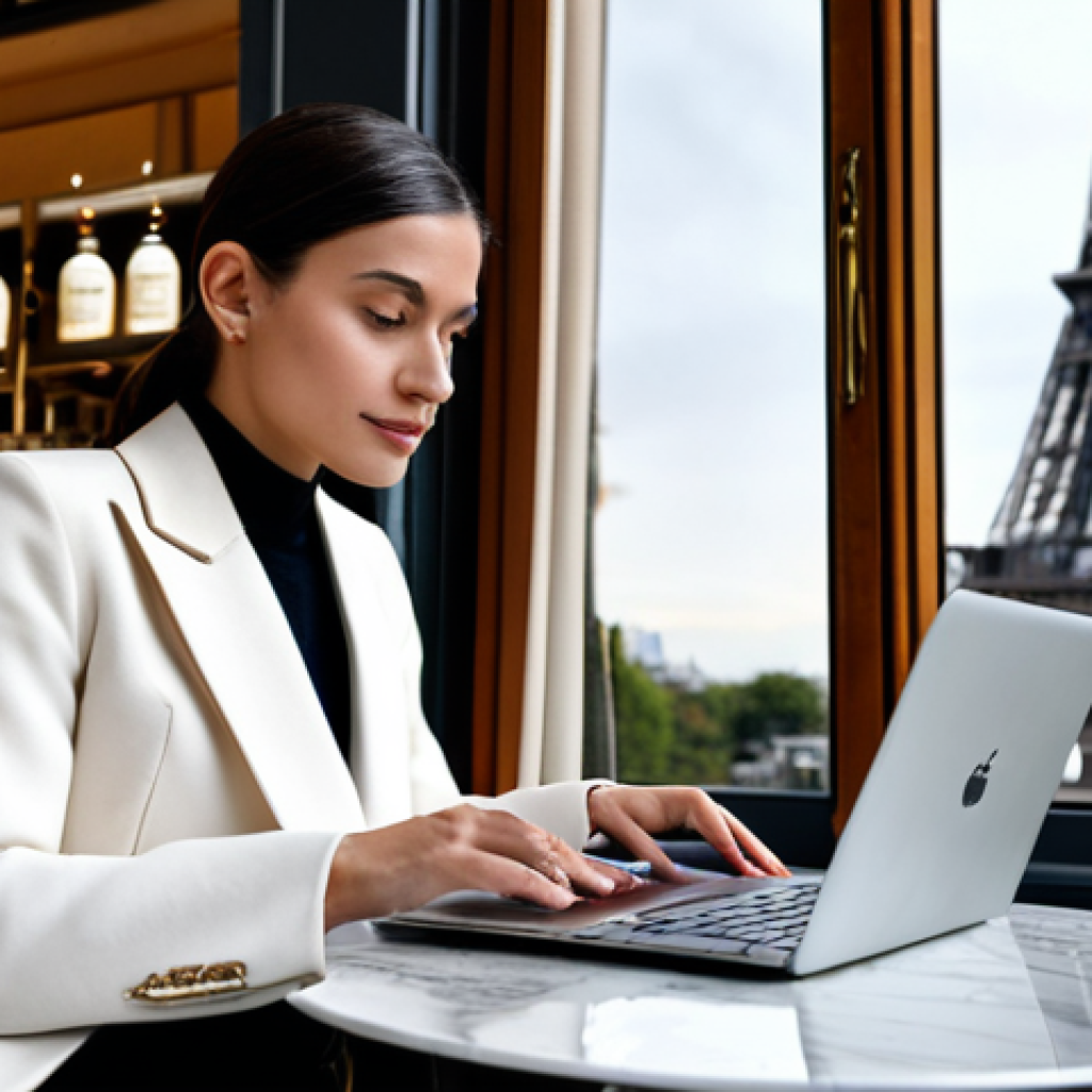**

A translator specialized in luxury goods. She's stylishly dressed (fully clothed, modest attire) in a chic Parisian cafe, working on a laptop. In the background, glimpse of the Eiffel Tower. High quality, professional, safe for work, appropriate content, perfect anatomy, natural proportions. Focus on a sophisticated, modern aesthetic.

**