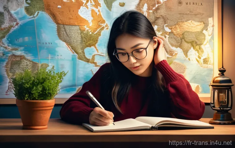 번역사 자격증 추천 - **Prompt:** A close-up, high-detail shot focusing on the hands of a male translator, mid-40s, carefu...