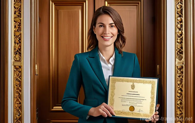 번역사 자격증으로 경력 전환 성공하기 - A professional, confident French female translator in her late 30s, dressed in a stylish business bl...