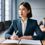 번역사 자격증 준비의 시작점 - **Prompt:** A highly professional female translator in her late 30s, exuding confidence and elegance...