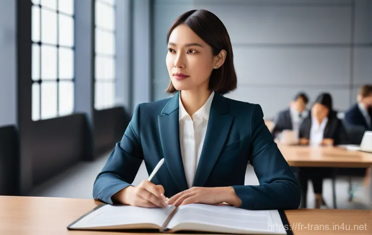 번역사 자격증 준비의 시작점 - **Prompt:** A highly professional female translator in her late 30s, exuding confidence and elegance...