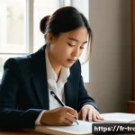 번역사 실기시험 실전 연습법 - **Prompt:** A determined female translator, in her mid-20s, wearing a smart casual blazer over a blo...