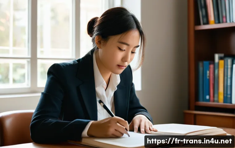 번역사 실기시험 실전 연습법 - **Prompt:** A determined female translator, in her mid-20s, wearing a smart casual blazer over a blo...