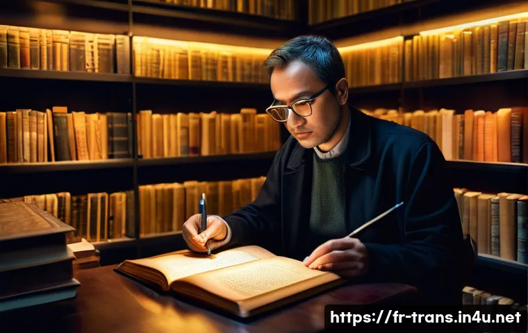 번역사 필기시험 핵심 이론 - **A Linguistic Archaeologist Unearthing Meaning:**
    A solitary, focused translator is depicted as...