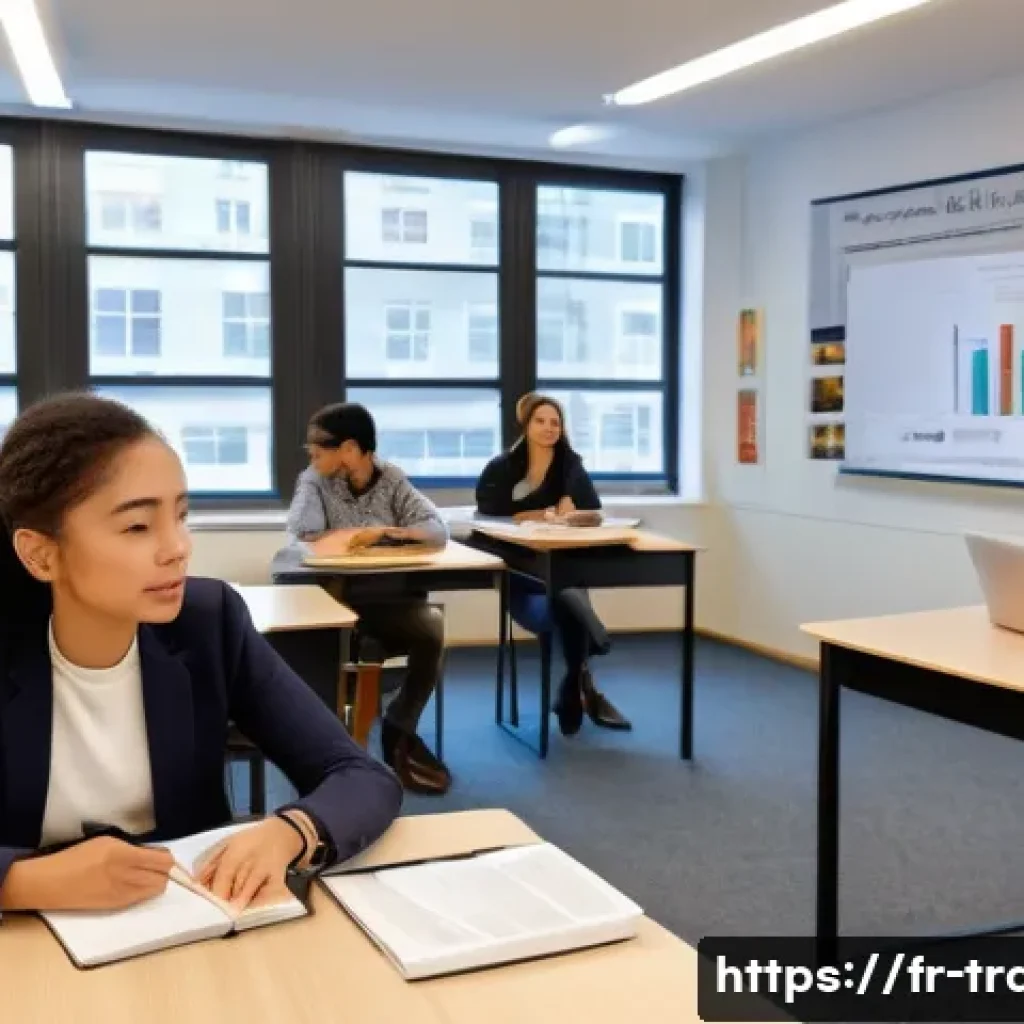 번역사 자격증 학원과 독학 비교 - A modern language learning institute classroom scene featuring diverse adult students attentively li...