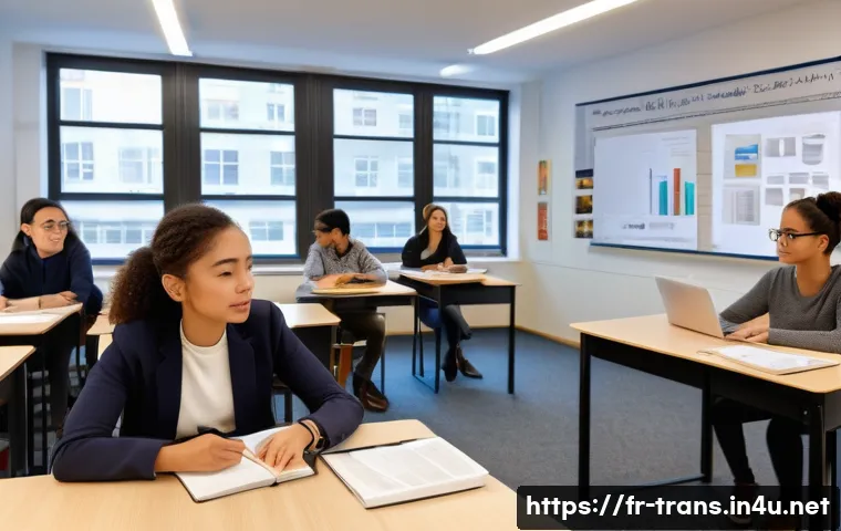 번역사 자격증 학원과 독학 비교 - A modern language learning institute classroom scene featuring diverse adult students attentively li...