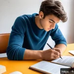 번역사 시험의 난이도에 따른 학습 계획 - A focused young adult student of French origin sitting at a modern study desk in a cozy, well-lit Pa...