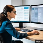 번역사 자격증과 관련된 최신 산업 트렌드 - A professional translator working at a modern, sleek home office desk, surrounded by multiple high-r...
