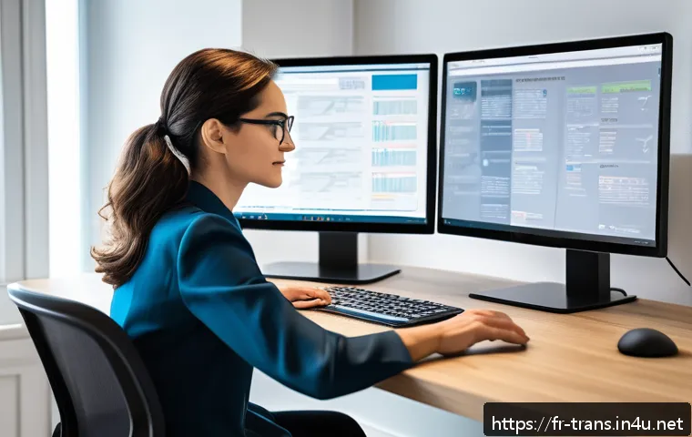 번역사 자격증과 관련된 최신 산업 트렌드 - A professional translator working at a modern, sleek home office desk, surrounded by multiple high-r...