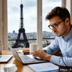 번역사 자격증 이론과 실기 차이 - A focused young professional translator sitting at a modern desk in a cozy Parisian apartment, surro...