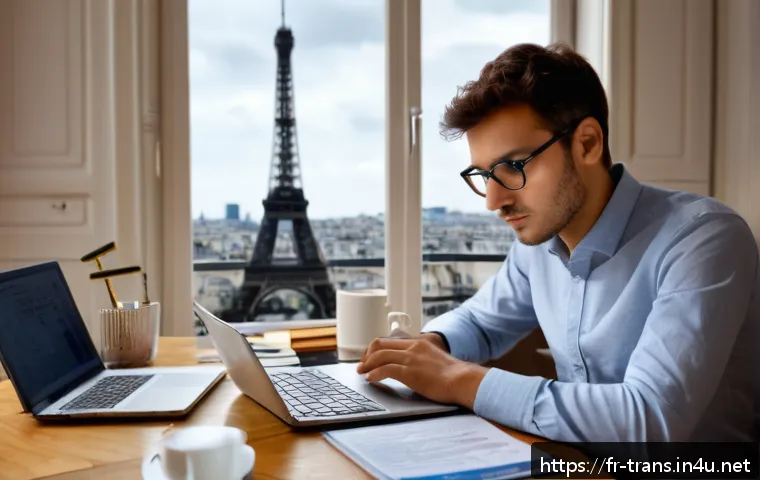 번역사 자격증 이론과 실기 차이 - A focused young professional translator sitting at a modern desk in a cozy Parisian apartment, surro...