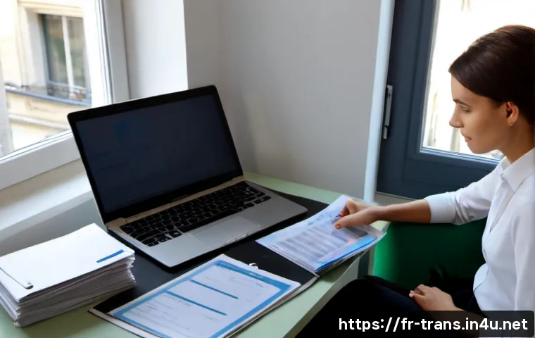 Home 17 번역사 연봉 협상 시 준비해야 할 문서 - Photorealistic French freelance translator preparing for a salary negotiation at a bright home offic...