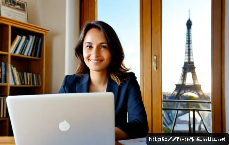 Home 17 번역사 자격증 취득 후기 - Photorealistic French freelance translator celebrating professional certification at a bright Paris ...